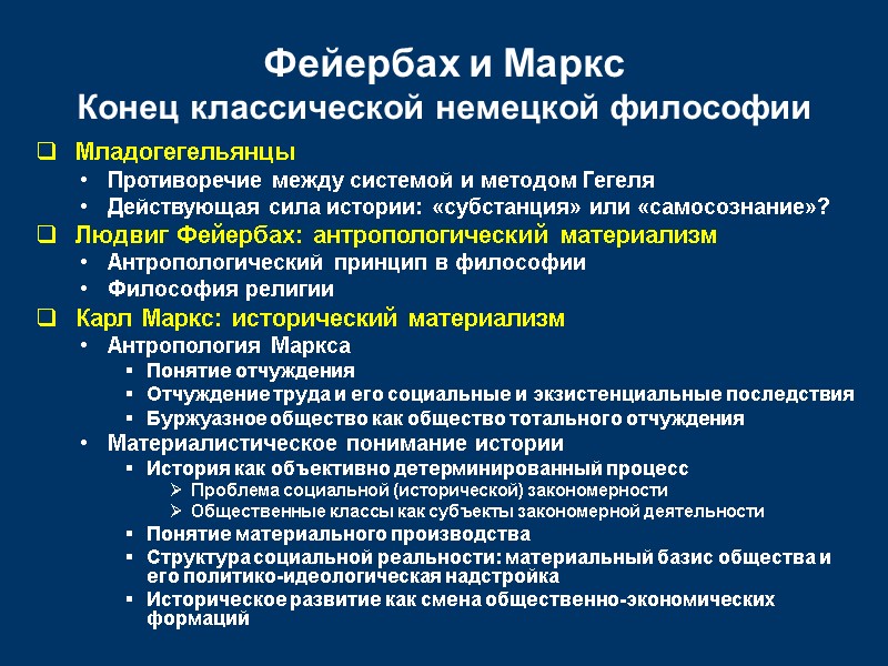 Фейербах и Маркс Конец классической немецкой философии  Младогегельянцы Противоречие между системой и методом